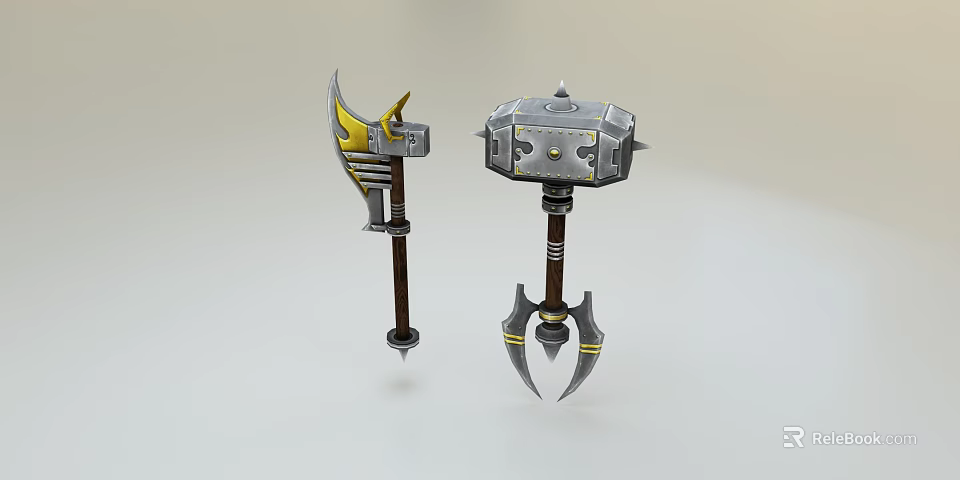 Ornate Medieval Fantasy Weapon Featuring Double Bladed Axe And Spiked War Hammer With Gold Accents 3d model 