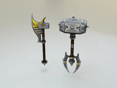 Ornate Medieval Fantasy Weapon Featuring Double Bladed Axe And Spiked War Hammer With Gold Accents 3d model
