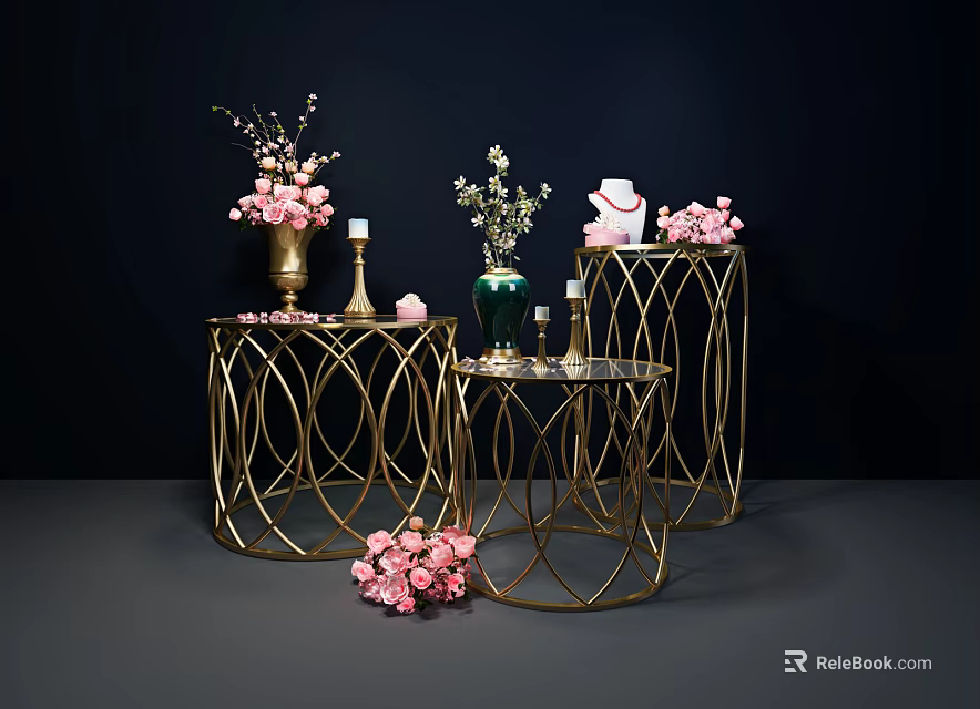 Elegant Gold Metal Frame Round Tables With Vases Candles And Pink Flowers 3d model 