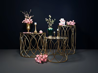Elegant Gold Metal Frame Round Tables With Vases Candles And Pink Flowers 3d model