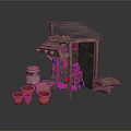 Rustic Wooden Shed With Terracotta Pots Barrels And Sacks