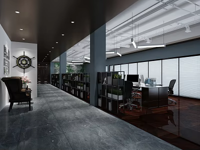 Public Office Space With Modern Desks Office Chairs Bookshelves Large Windows And Open Layout 3d model