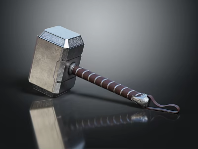 Mythic Hammer Weapon With Silver Metallic Textured Head And Brown Wrapped Leather Handle 3d model