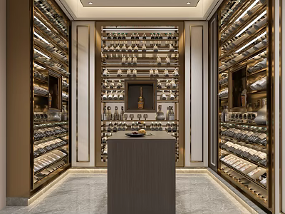 Luxurious Wine Cellar Interior With Wooden Wine Racks Central Table And Warm Lighting 3d model