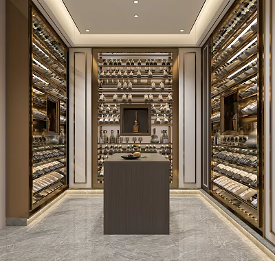 Luxurious Wine Cellar Interior With Wooden Wine Racks Central Table And Warm Lighting 3d model