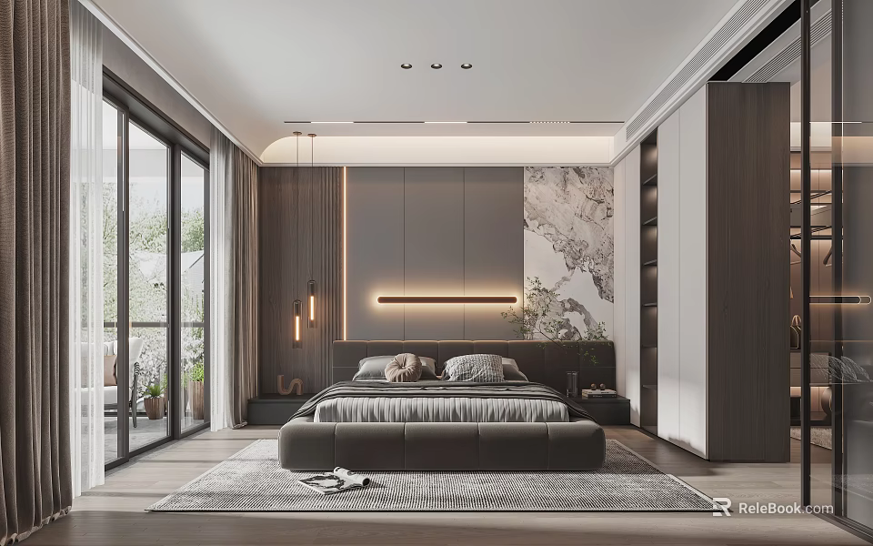 Modern Bedroom With Large Windows Dark Wood Accent Wall Art Behind Bed And Rug 3d model 