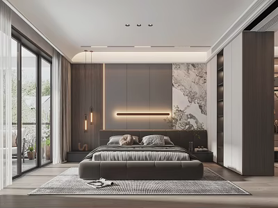 Modern Bedroom With Large Windows Dark Wood Accent Wall Art Behind Bed And Rug 3d model