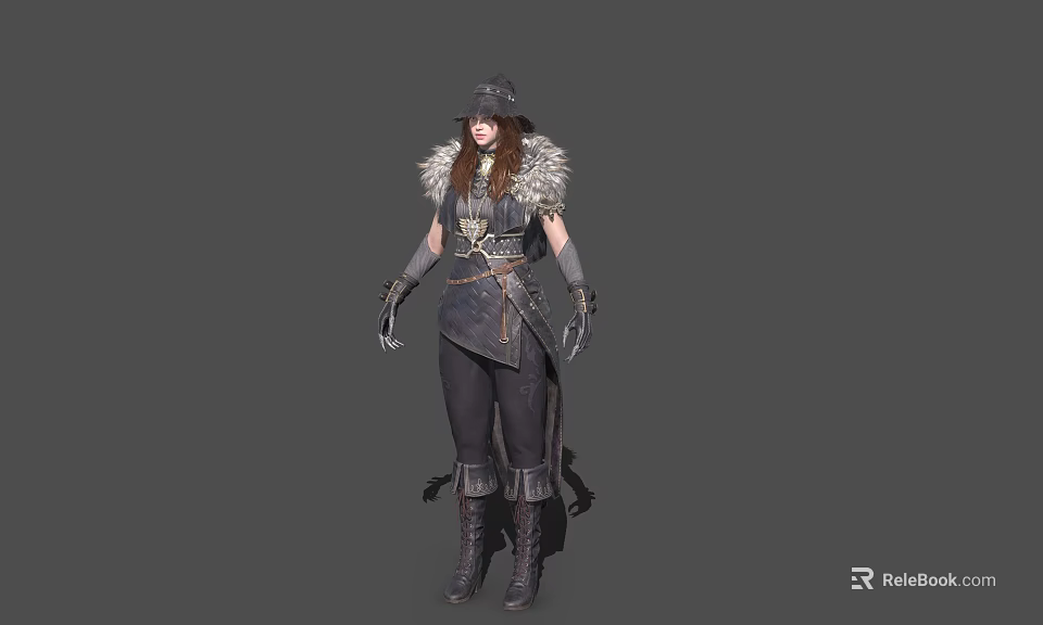 Female Character With Fur Trimmed Cloak Hat Dark Outfit And Boots For Game Design 3d model 