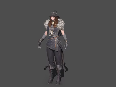 Female Character With Fur Trimmed Cloak Hat Dark Outfit And Boots For Game Design 3d model