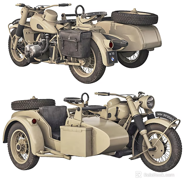 Vintage Military Style Khaki Motorcycle With Sidecar Classic Design And Storage 3d model 