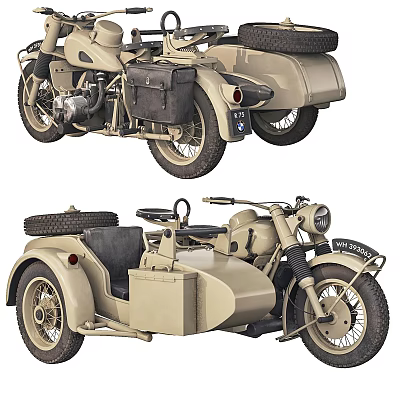 Vintage Military Style Khaki Motorcycle With Sidecar Classic Design And Storage 3d model
