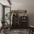 Modern Wooden Chest of Drawers in Stylish Interior with Potted Plants Chair and Decorative Items