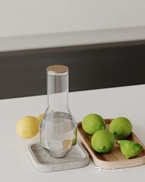 Decorative Ornament Set With Clear Glass Bottle Golden Lid Lemons Limes On Wooden Tray 3d model 