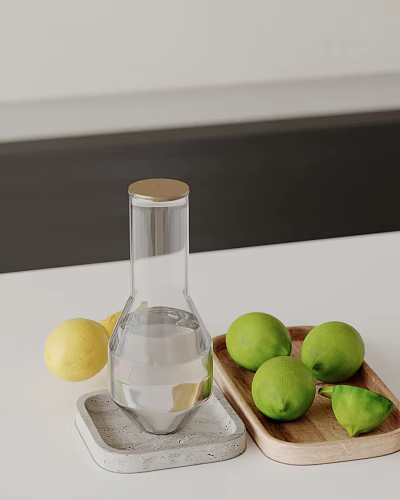 Decorative Ornament Set With Clear Glass Bottle Golden Lid Lemons Limes On Wooden Tray 3d model