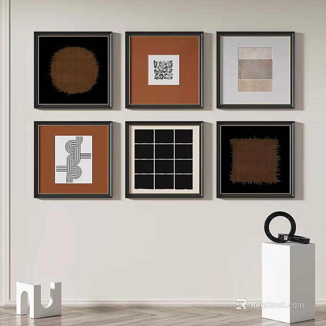Six Modern Abstract Paintings With Brown Black White Geometric Grid Linear Patterns And Frames 3d model