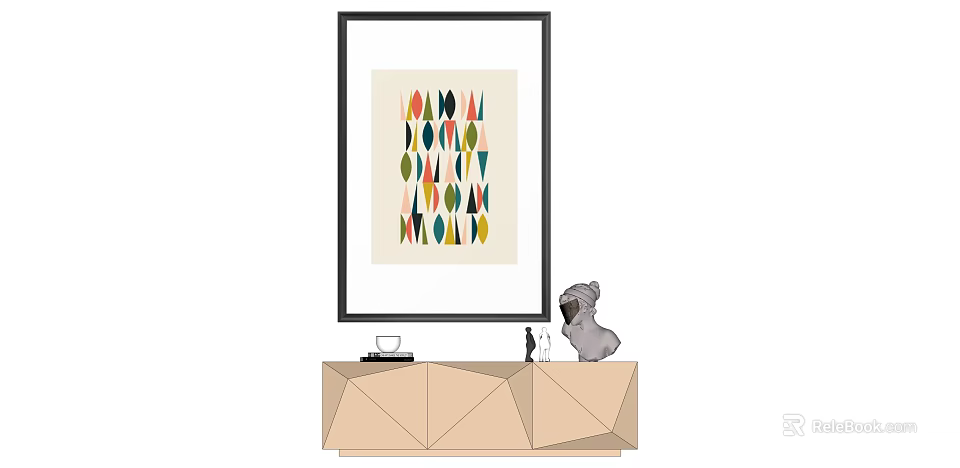 Colorful Geometric Framed Artwork On Beige Console Table With Dog Figurine And Decorative Items 3d model 