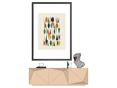 Colorful Geometric Framed Artwork On Beige Console Table With Dog Figurine And Decorative Items 3d model