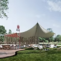 Canvas Tent Outdoor Leisure Area With Wooden Frames And Lawn Chairs