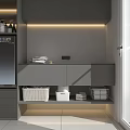 Modern Bathroom Laundry Space With Double Door Washing Machine Gray Cabinets And Towels
