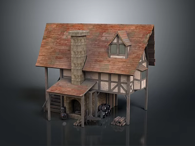 Medieval Style House With Red Tiled Roof Chimney Wooden Frame Porch And Barrels 3d model