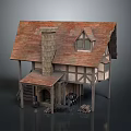 Medieval Style House With Red Tiled Roof Chimney Wooden Frame Porch And Barrels