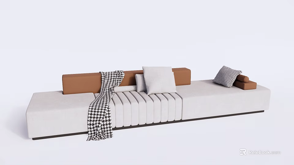 Modern Sectional Sofa With Beige Upholstery Brown Armrests Patterned Pillows And Checkered Blanket 3d model