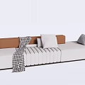 Modern Sectional Sofa With Beige Upholstery Brown Armrests Patterned Pillows And Checkered Blanket 3d model