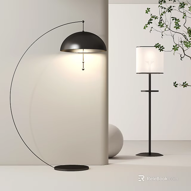 Modern Floor Lamps With Black Dome And White Shade Near White Wall And Green Plant 3d model 