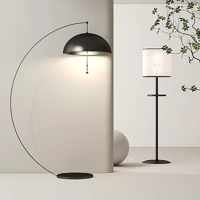 Modern Floor Lamps With Black Dome And White Shade Near White Wall And Green Plant 3d model