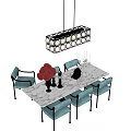 Dining Table Set with Teal Velvet Chairs Marble Tabletop and Decorative Vase Green Topiary