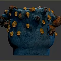 Blue Sculptural Vessel with Gold and Brown Ornate Decorative Elements Textured Surface Artistic Carving Design