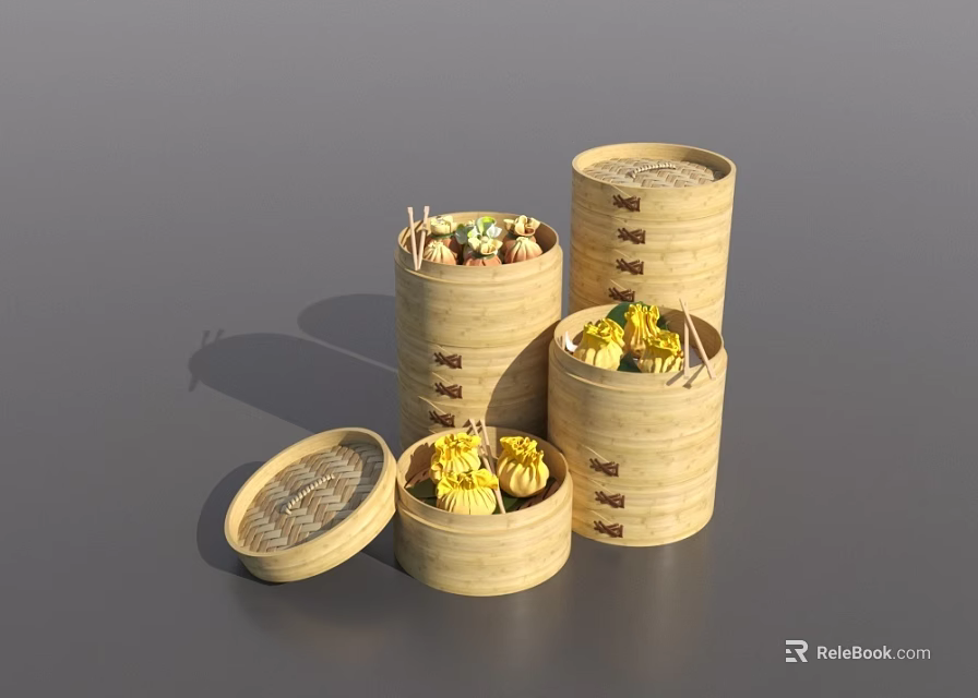 Fresh Steamed Buns and Dim Sum in Traditional Bamboo Steamers with Open Lid 3d model 