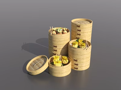 Fresh Steamed Buns and Dim Sum in Traditional Bamboo Steamers with Open Lid 3d model