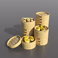 Fresh Steamed Buns and Dim Sum in Traditional Bamboo Steamers with Open Lid