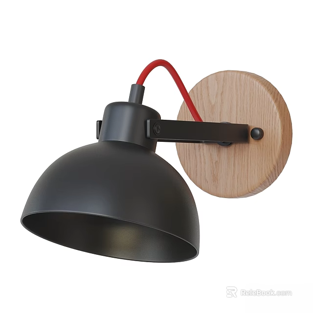 Modern Wall Lamp With Black Metal Shade Round Wooden Base And Red Cable 3d model 