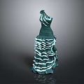Green Dress Shaped Sculpture With Layered Striped Skirt And Artistic Carving Details