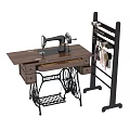 Industrial Sewing Machine Placed on Wooden Worktable With Black Fabric Hanging Rack and Classic Design
