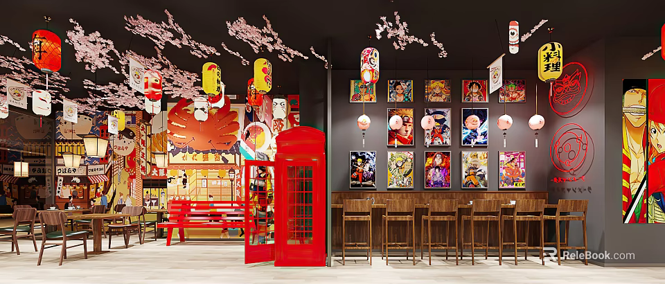Japanese Restaurant Interior With Cherry Blossoms Lanterns Red Phone Booth Anime Posters And Bar Stools 3d model 