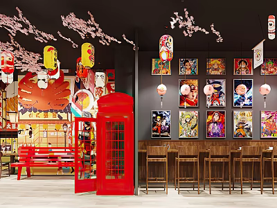 Japanese Restaurant Interior With Cherry Blossoms Lanterns Red Phone Booth Anime Posters And Bar Stools 3d model