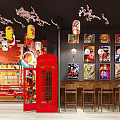 Japanese Restaurant Interior With Cherry Blossoms Lanterns Red Phone Booth Anime Posters And Bar Stools