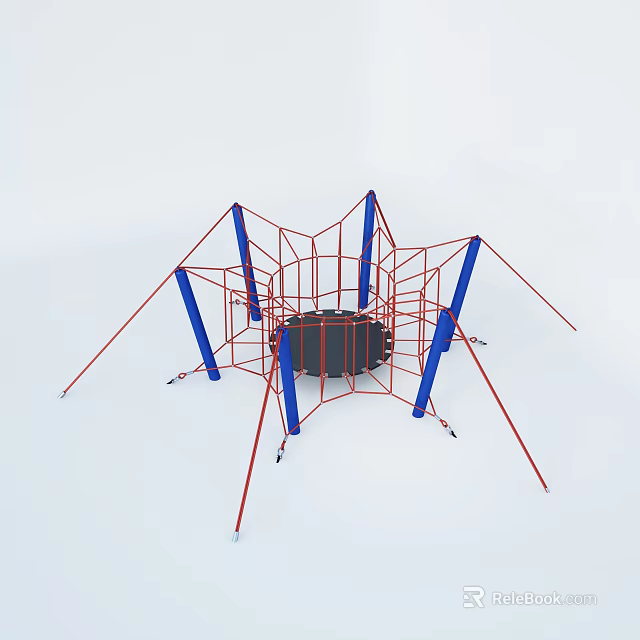 Outdoor Playground Climbing Equipment with Red Metal Frame Blue Poles and Circular Trampoline 3d model 