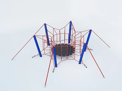 Outdoor Playground Climbing Equipment with Red Metal Frame Blue Poles and Circular Trampoline 3d model