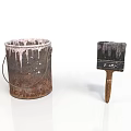 Rusty Paint Bucket And Wooden Handle Brush With Paint Drips For Household Use