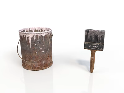 Rusty Paint Bucket And Wooden Handle Brush With Paint Drips For Household Use 3d model