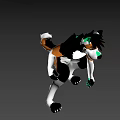 3D Animal Character With Black White Brown Fur Green Ears Yellow Eyes Open Mouth Squatting