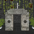 Stone Washbasin With Gold Faucet Against Black Brick Wall Green Vines And Potted Plants