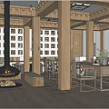 Hotel Public Lounge Area With Wooden Beams Fireplace And Grid Wall Decor