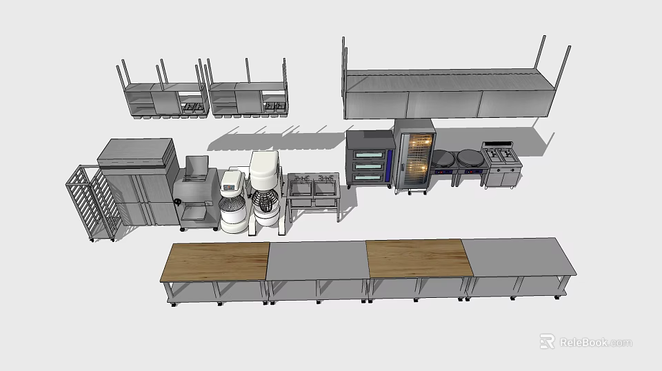 Stainless Steel Commercial Kitchen Appliances With Shelves Worktables And Cooking Equipment 3d model 