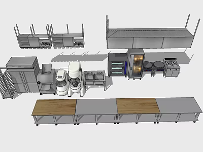 Stainless Steel Commercial Kitchen Appliances With Shelves Worktables And Cooking Equipment 3d model