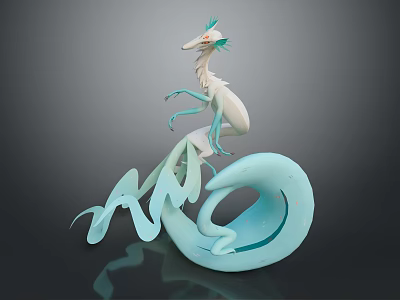 3D Fantasy Dragon Sculpture With Light Blue White Body Green Horns And Wave Shaped Base 3d model